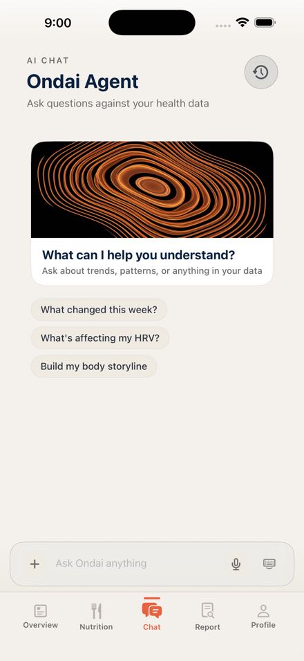 ondai in conversation, light mode, with suggested prompts for analyzing health trends and HRV