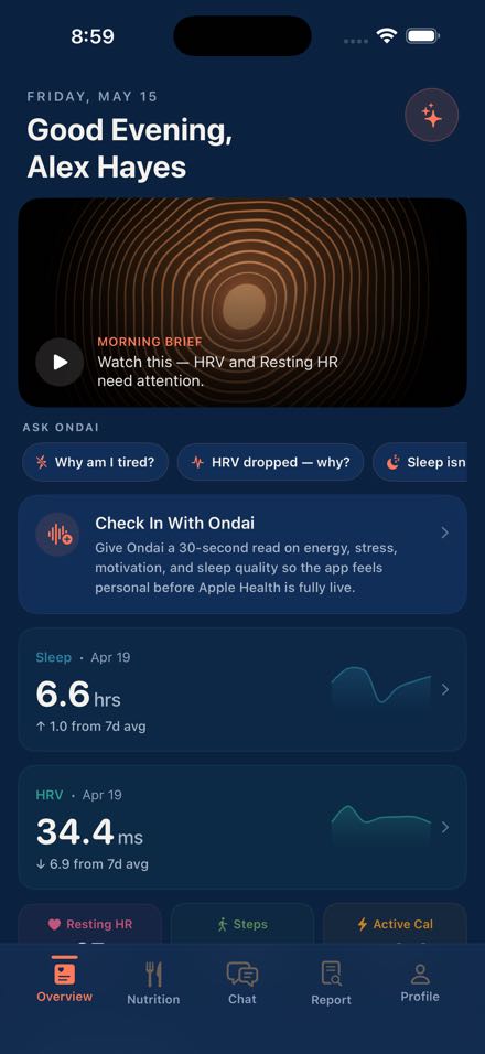ondai dashboard in dark mode showing morning brief, sleep, HRV, and daily activity metrics