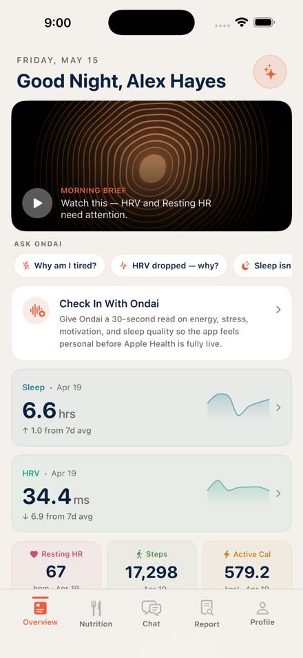 ondai dashboard in light mode showing morning brief, sleep, HRV, and daily activity metrics